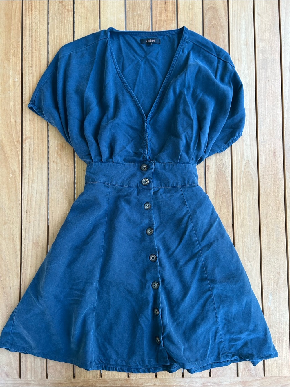 Quince Navy Blue Tencel Button-Front Mini Dress